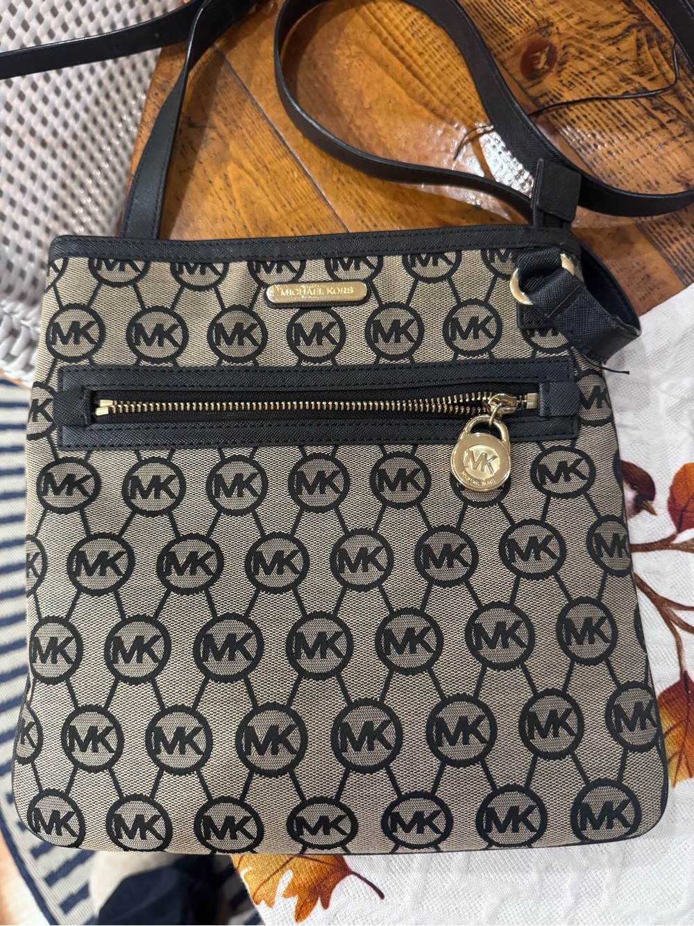 Michael Kors Black and Beige Signature MK Logo Crossbody Bag